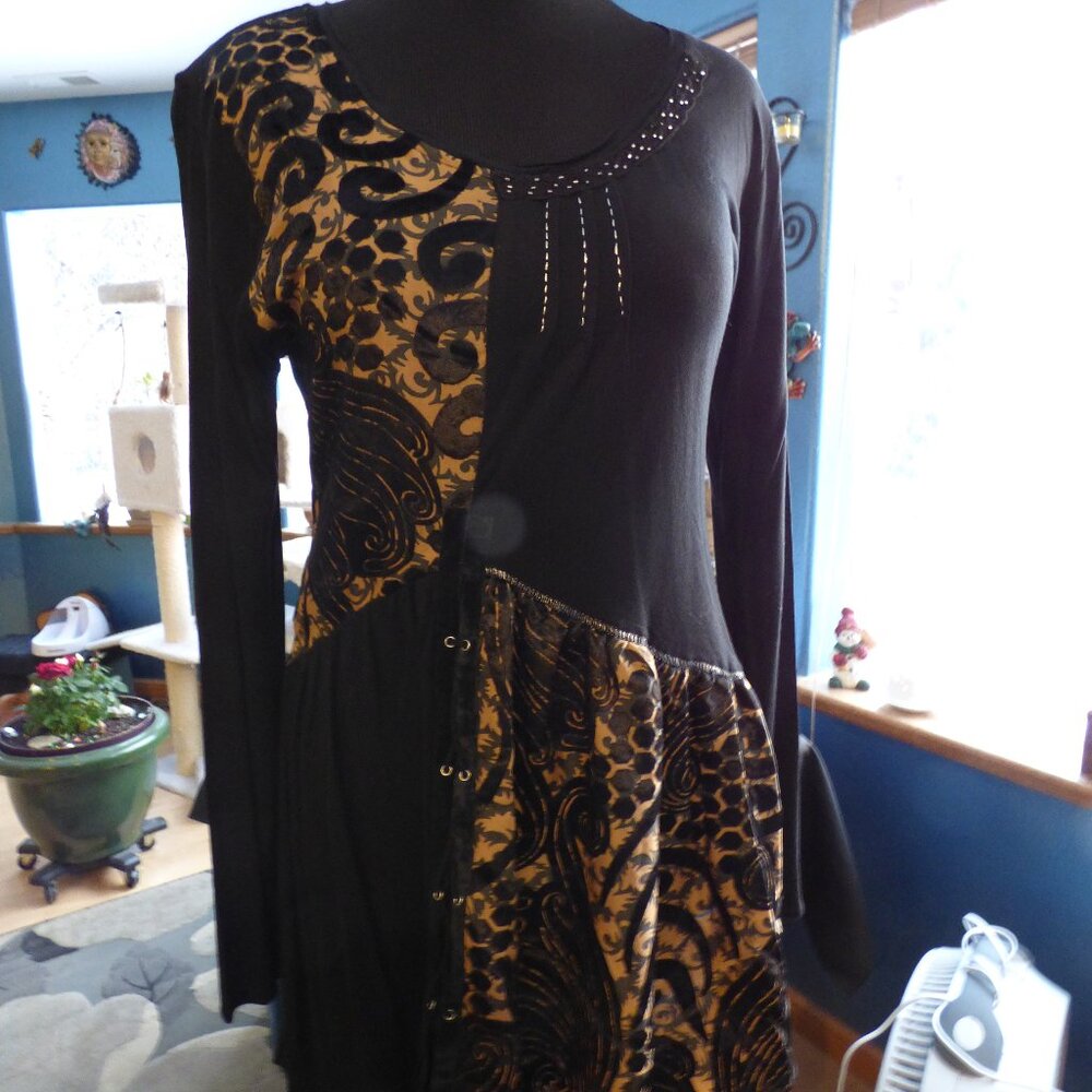 JOE BROWNS QUIRKY GOTH DREAMY DEVORE BLACK MULTI TUNIC MINI DRESS GYPSY L XL